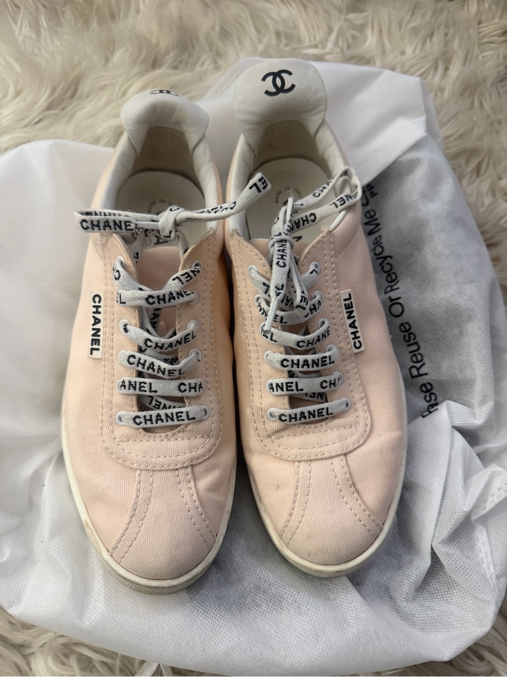 CHANEL Women's Blush Pink Canvas Logo Lace Sneakers